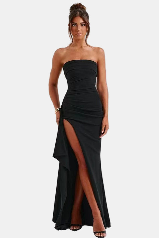 Valeria Straplez Yüksek Yırtmaçlı Drapeli Abiye Elbise