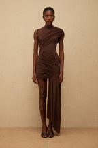 Medusa – Tek Omuz Drapeli Mini Abiye Elbise (Kahve, Beyaz, Bordo)