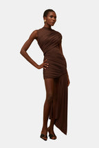 Medusa – Tek Omuz Drapeli Mini Abiye Elbise (Kahve, Beyaz, Bordo)