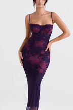 Amethyst Bloom - Büstiyer Tül Maxi Elbise (Mürdüm/Bordo)