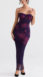 Amethyst Bloom - Büstiyer Tül Maxi Elbise (Mürdüm/Bordo)