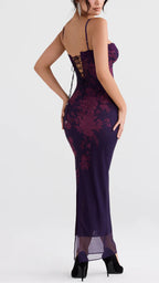 Amethyst Bloom - Büstiyer Tül Maxi Elbise (Mürdüm/Bordo)