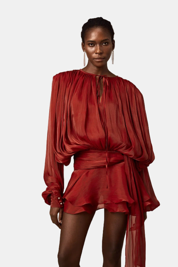 Ethereal Flow - Saten Mini Elbise – Balon Kol ve Drapeli Tasarım (Krem, Bordo)