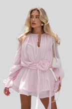 Rosette Belle - Organze Kuşaklı Mini Elbise (Pudra Pembe)