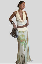Solana Halter Drapeli Üst & Çiçekli Maxi Etek Takımı – Pastel Sarı