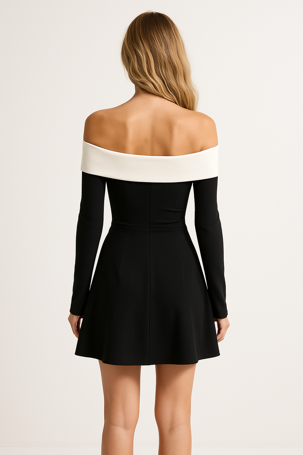 Luna Mini – Madonna Yaka Uzun Kollu Mini Elbise (Siyah, Krem, Mavi)