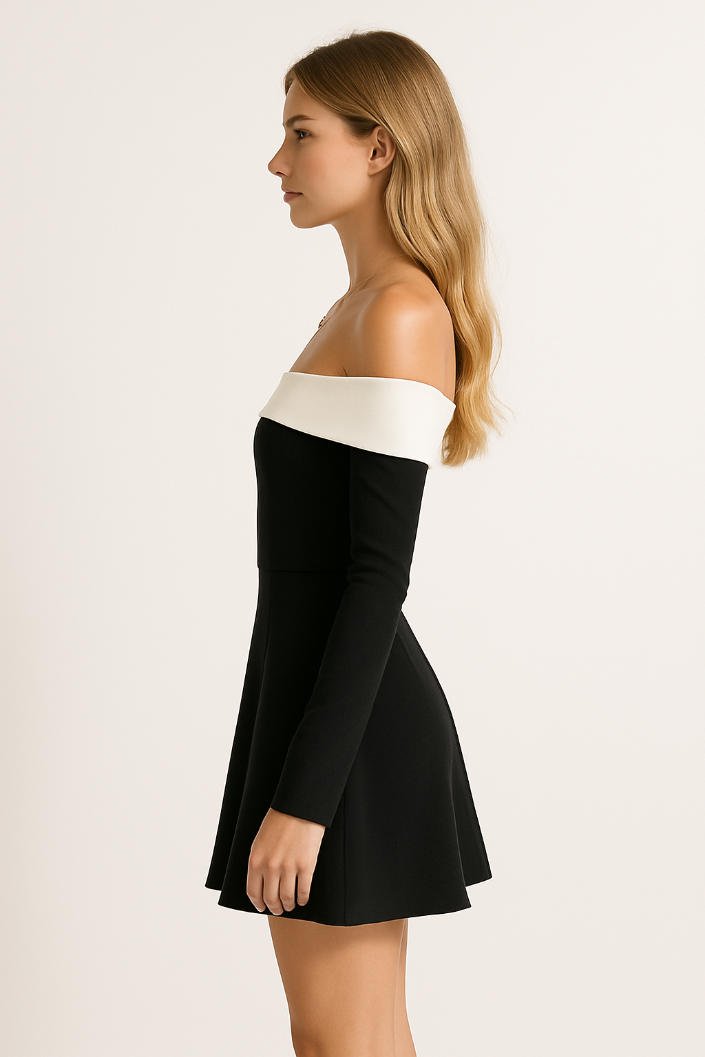 Luna Mini – Madonna Yaka Uzun Kollu Mini Elbise (Siyah, Krem, Mavi)