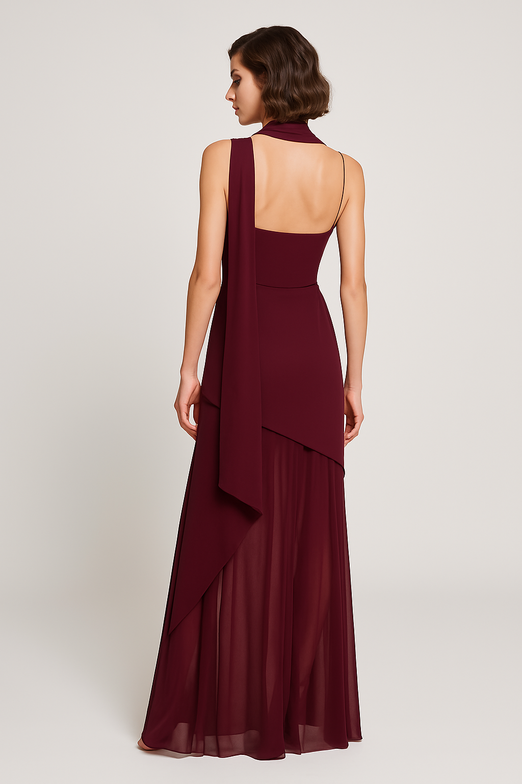 Celeste Flow – Straplez Asimetrik Şifon Abiye Elbise (Kahverengi, Beyaz, Bordo)