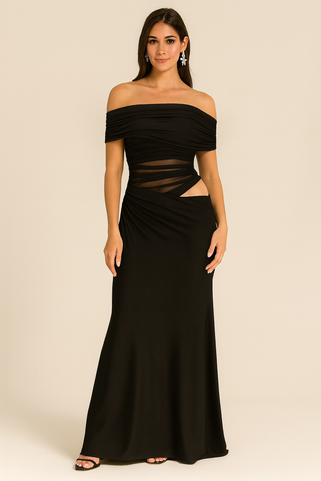 Aurora Mesh - Off-Shoulder Transparan Detaylı Uzun Abiye (Sarı, Siyah)