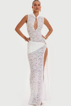 Diana Lace – Dantel Yırtmaçlı Dekolteli Abiye Elbise (Siyah, Beyaz)