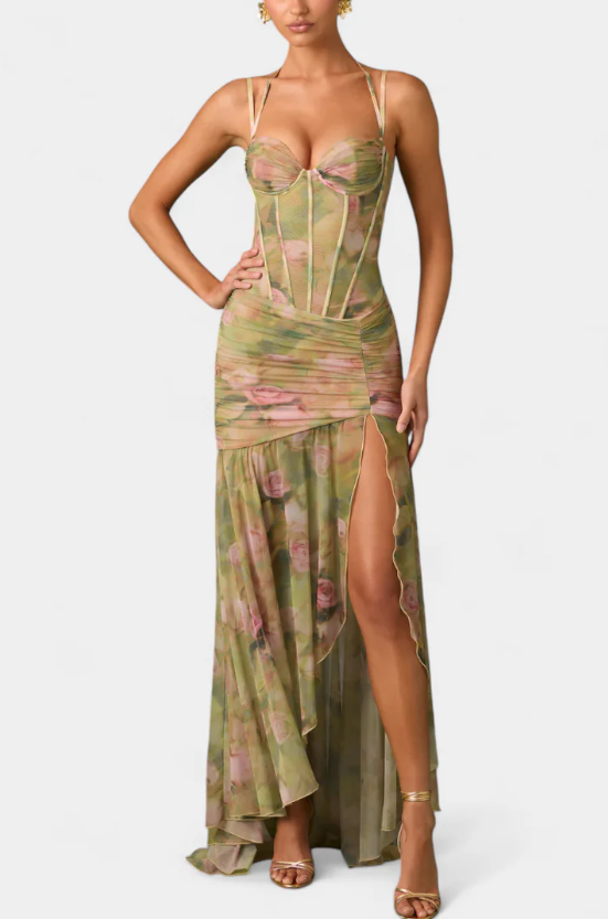 Rosaria - Korse Şifon Yırtmaçlı Maxi Elbise (Yeşil)