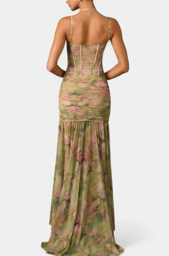 Rosaria - Korse Şifon Yırtmaçlı Maxi Elbise (Yeşil)