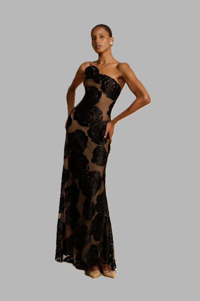 Noir Rose – Tek Omuz Transparan Detaylı Abiye Elbise