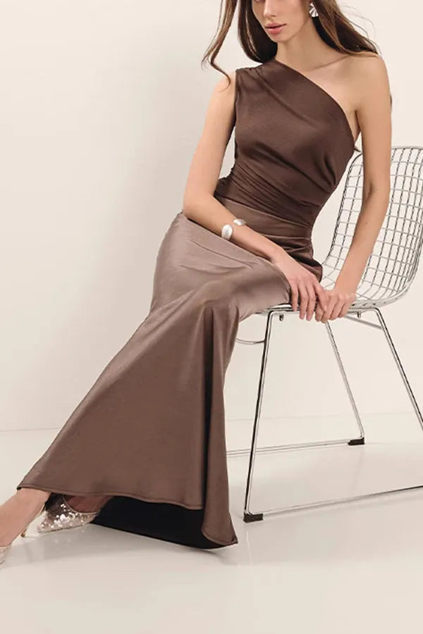 Ava Gown – Tek Omuz Saten Abiye Elbise (Kahve, Siyah, Haki, Mavi)