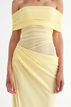 Aurora Mesh - Off-Shoulder Transparan Detaylı Uzun Abiye (Sarı, Siyah)