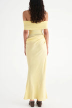 Aurora Mesh - Off-Shoulder Transparan Detaylı Uzun Abiye (Sarı, Siyah)