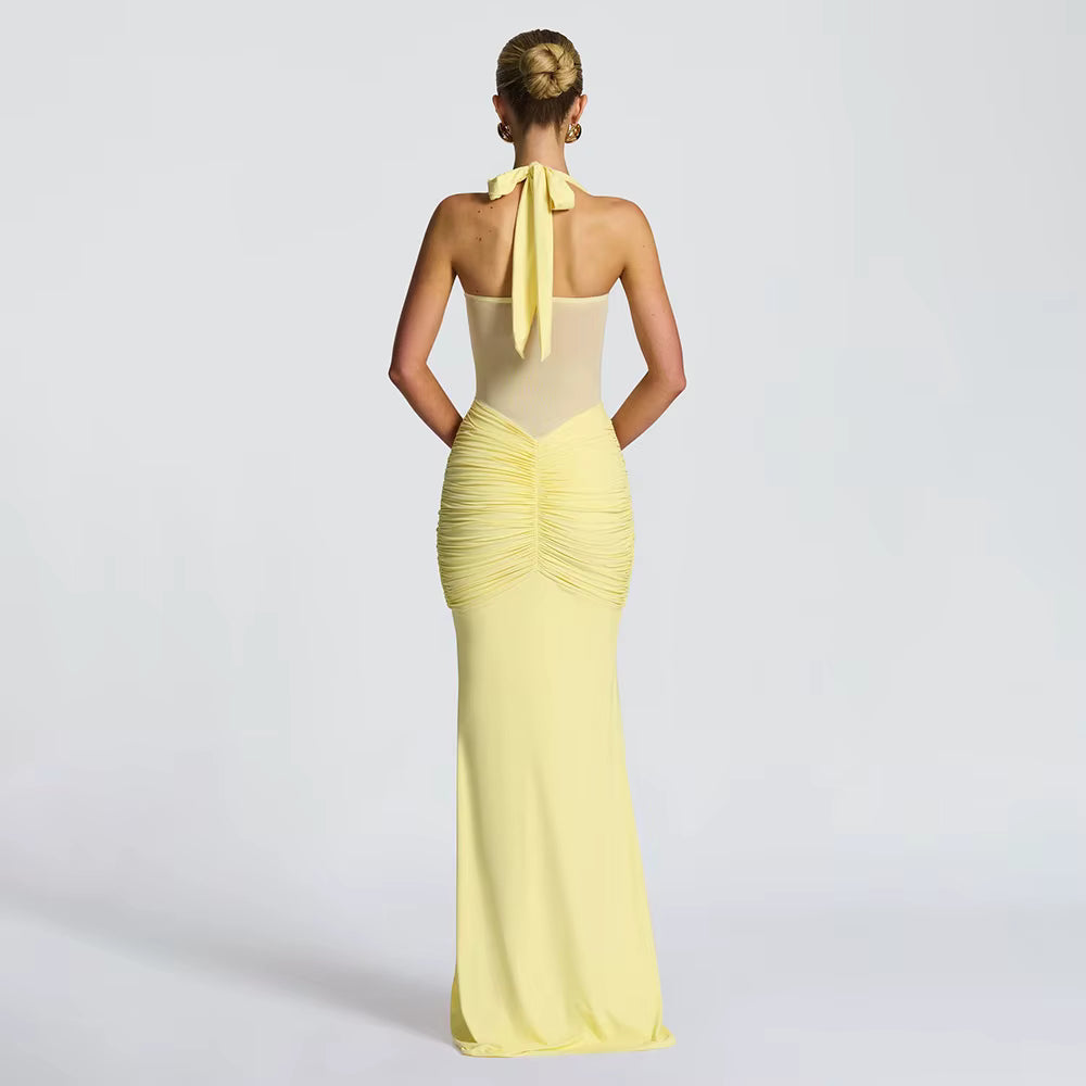 Lyra Illusion - Halter Drapeli Maxi Elbise (Sarı, Siyah)