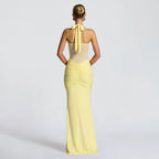 Lyra Illusion - Halter Drapeli Maxi Elbise (Sarı, Siyah)