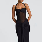 Lyra Illusion - Halter Drapeli Maxi Elbise (Sarı, Siyah)