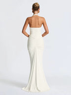 Allegra - Halter Drapeli Maxi Elbise (Lime, Beyaz)