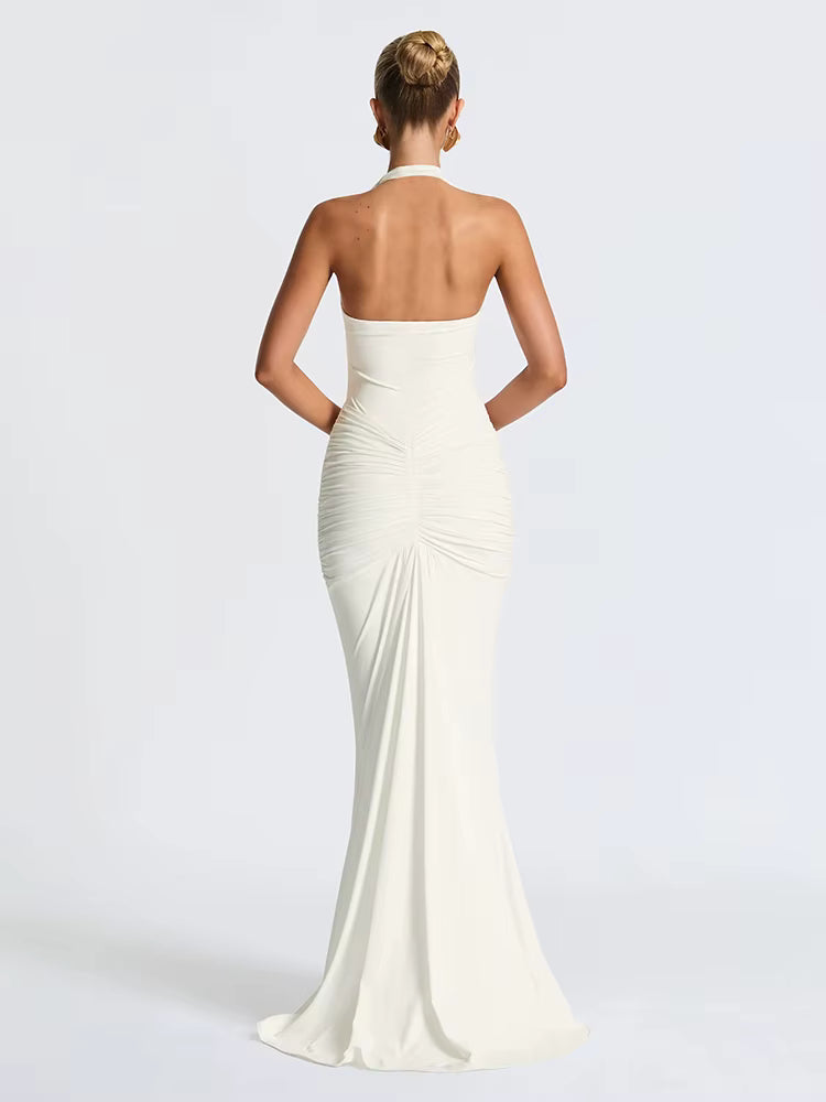 Allegra - Halter Drapeli Maxi Elbise (Lime, Beyaz)