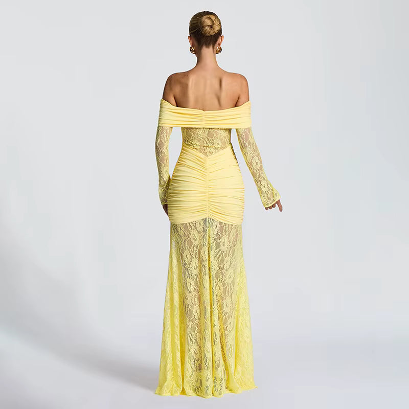Soleil - Dantel Drapeli Maxi Elbise (Limon Sarı)