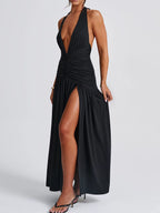 Sienna - Halter Drapeli Yırtmaçlı Maxi Elbise (Kahverengi, Beyaz, Siyah)