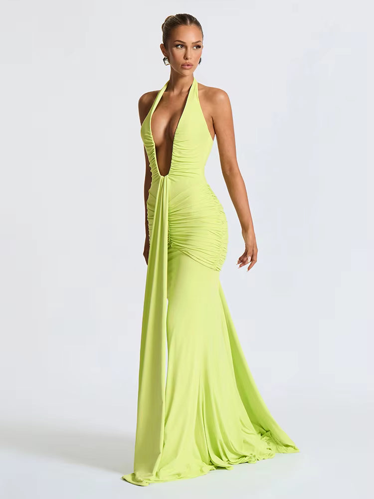 Allegra - Halter Drapeli Maxi Elbise (Lime, Beyaz)