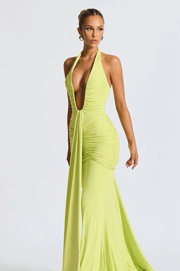 Allegra - Halter Drapeli Maxi Elbise (Lime, Beyaz)