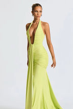 Allegra - Halter Drapeli Maxi Elbise (Lime, Beyaz)