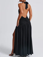 Sienna - Halter Drapeli Yırtmaçlı Maxi Elbise (Kahverengi, Beyaz, Siyah)