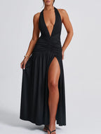 Sienna - Halter Drapeli Yırtmaçlı Maxi Elbise (Kahverengi, Beyaz, Siyah)