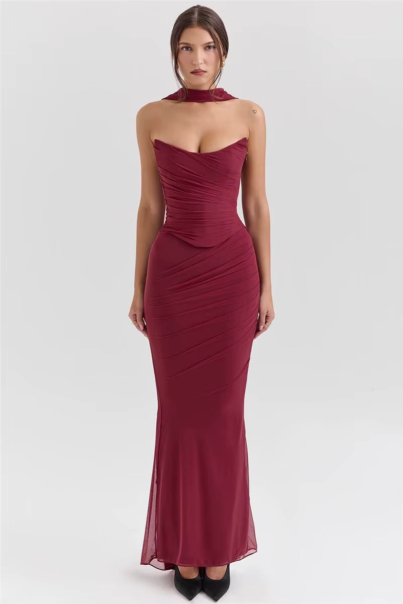 Valeria Glow – Drapeli Tek Omuz Uzun Abiye Elbise (Somon, Bordo, Mavi)