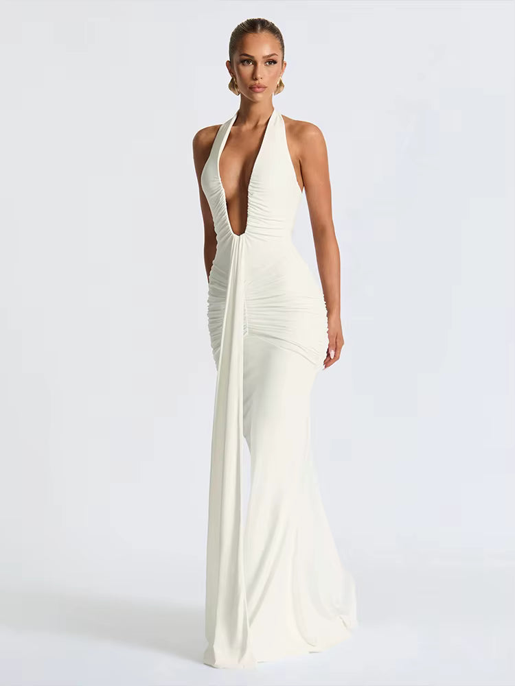 Allegra - Halter Drapeli Maxi Elbise (Lime, Beyaz)