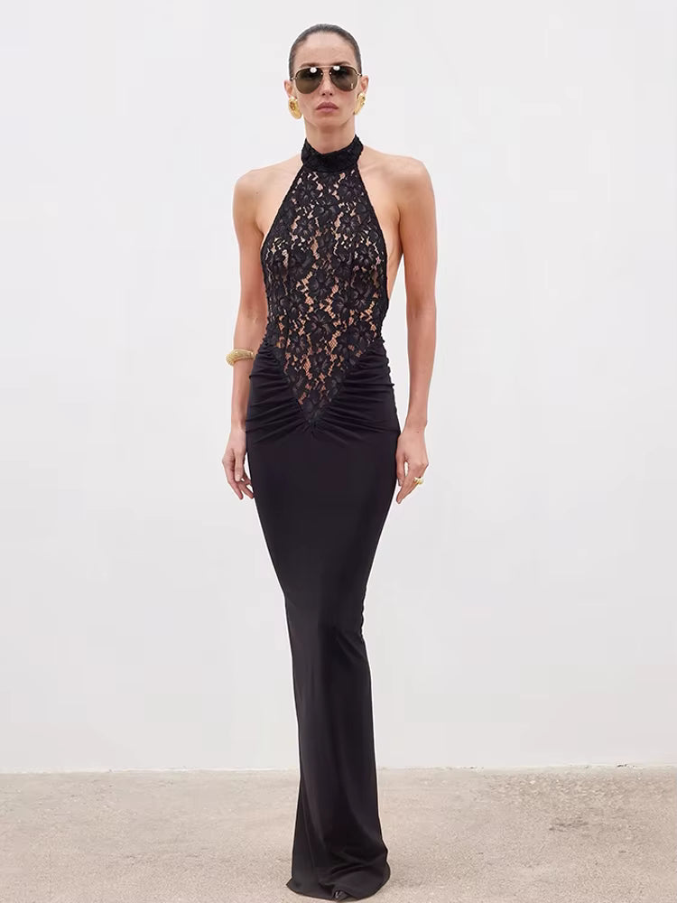 Nocturne Lace - Halter Maxi Elbise (Siyah)