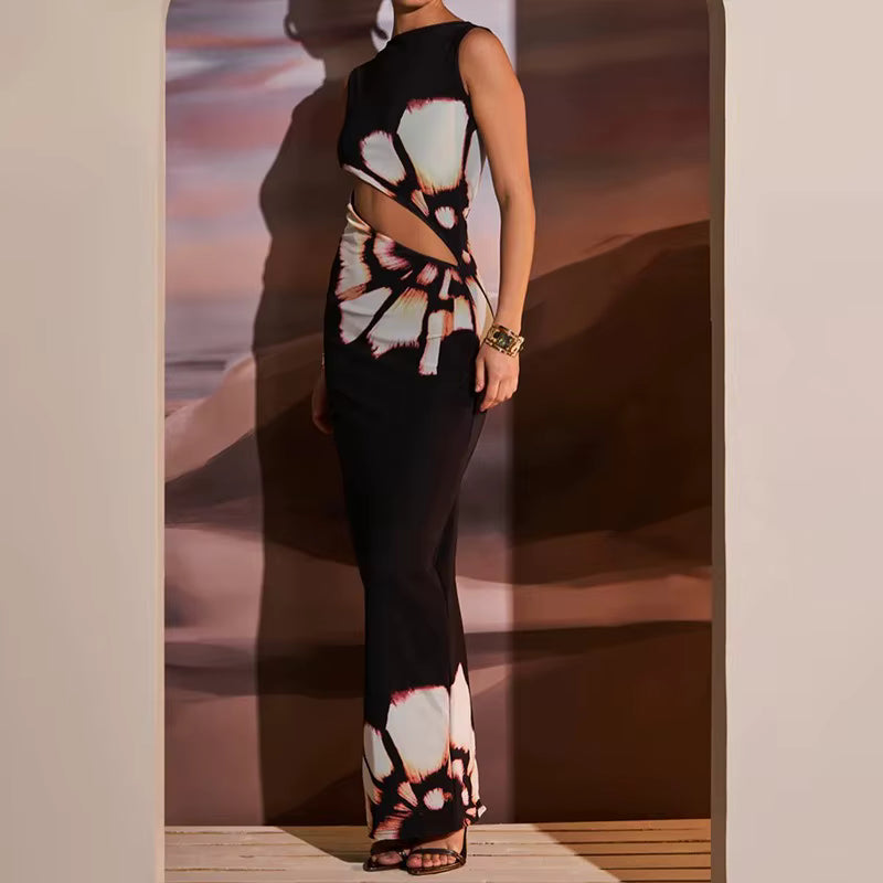 Aster Noir - Cut-Out Çiçek Desenli Maxi Elbise (Siyah)