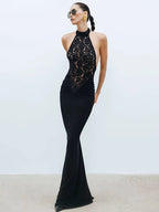 Nocturne Lace - Halter Maxi Elbise (Siyah)