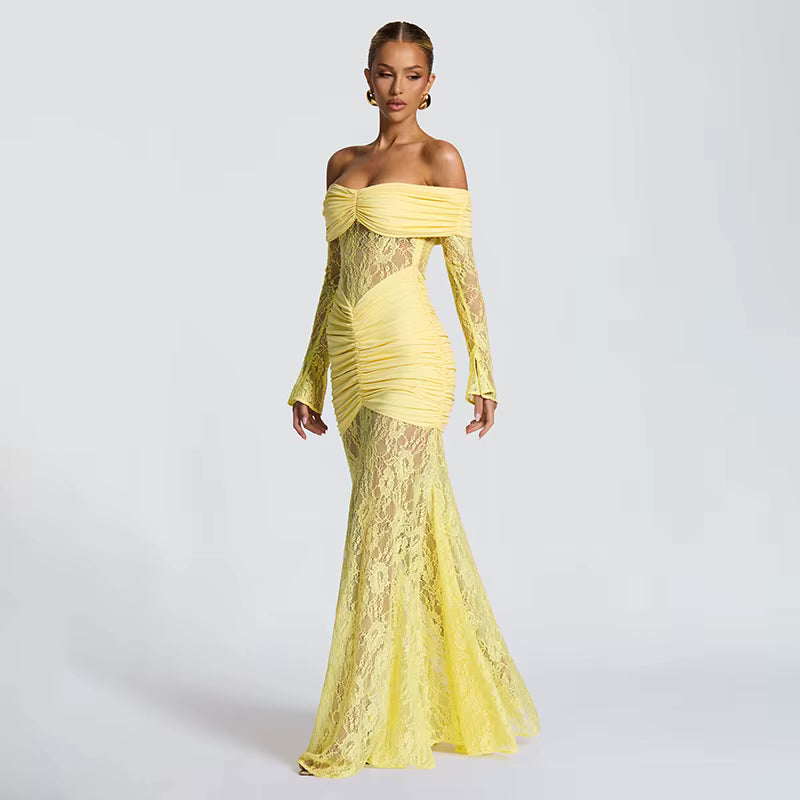 Soleil - Dantel Drapeli Maxi Elbise (Limon Sarı)