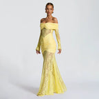 Soleil - Dantel Drapeli Maxi Elbise (Limon Sarı)