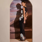 Aster Noir - Cut-Out Çiçek Desenli Maxi Elbise (Siyah)
