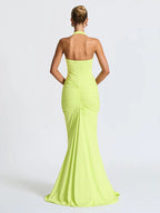 Allegra - Halter Drapeli Maxi Elbise (Lime, Beyaz)