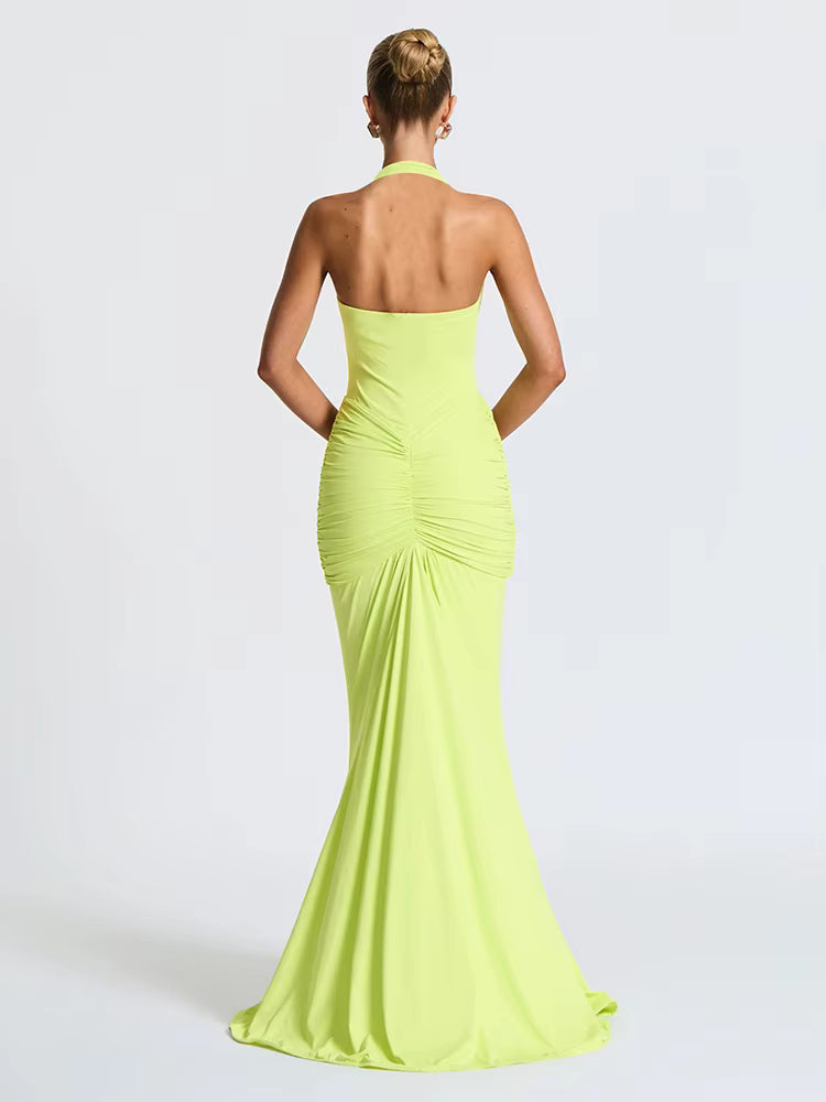 Allegra - Halter Drapeli Maxi Elbise (Lime, Beyaz)