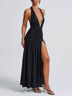 Sienna - Halter Drapeli Yırtmaçlı Maxi Elbise (Kahverengi, Beyaz, Siyah)