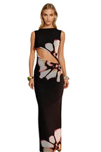 Aster Noir - Cut-Out Çiçek Desenli Maxi Elbise (Siyah)