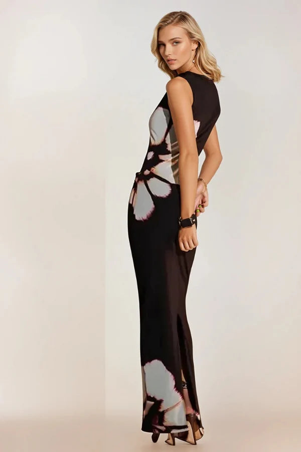 Aster Noir - Cut-Out Çiçek Desenli Maxi Elbise (Siyah)