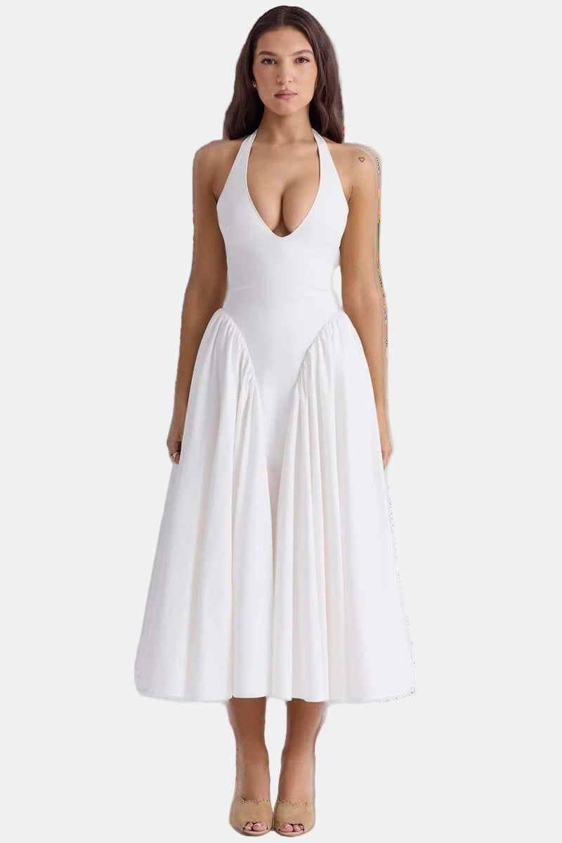 Elara - Halter Açık Sırt Midi Elbise (Beyaz/Ivory)