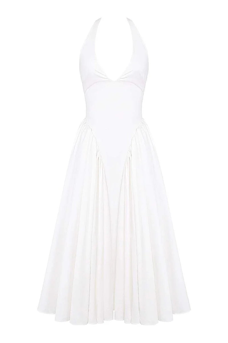 Elara - Halter Açık Sırt Midi Elbise (Beyaz/Ivory)