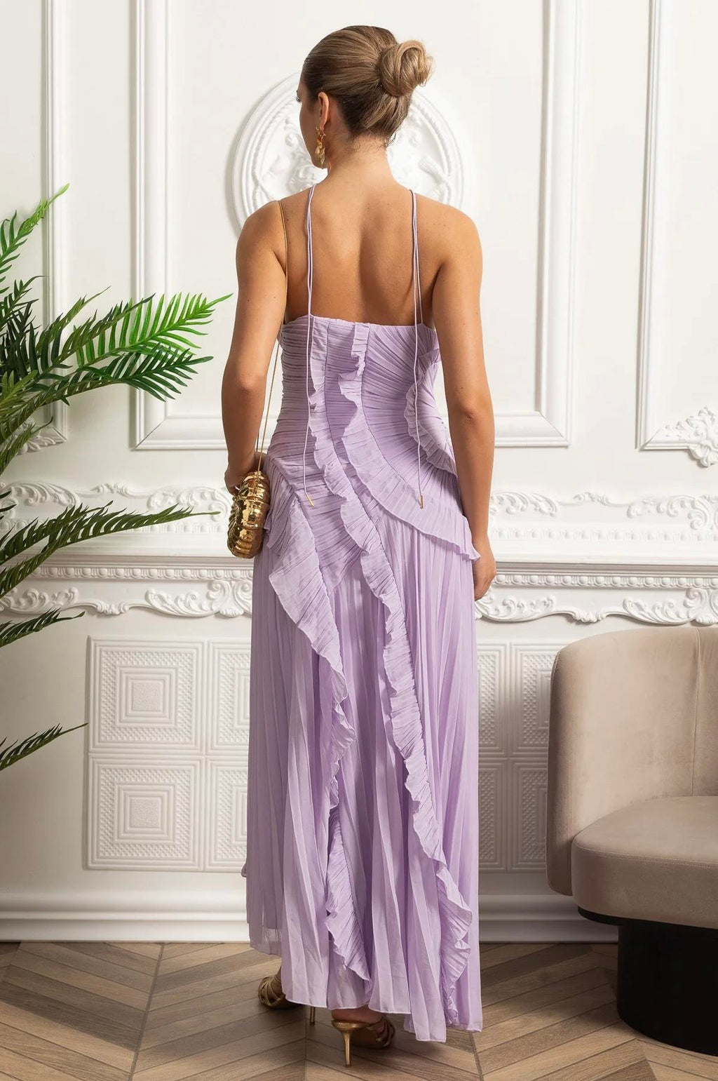 Lilac Dream - Boyundan Bağlamalı Pliseli Abiye Elbise