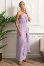 Lilac Dream - Boyundan Bağlamalı Pliseli Abiye Elbise