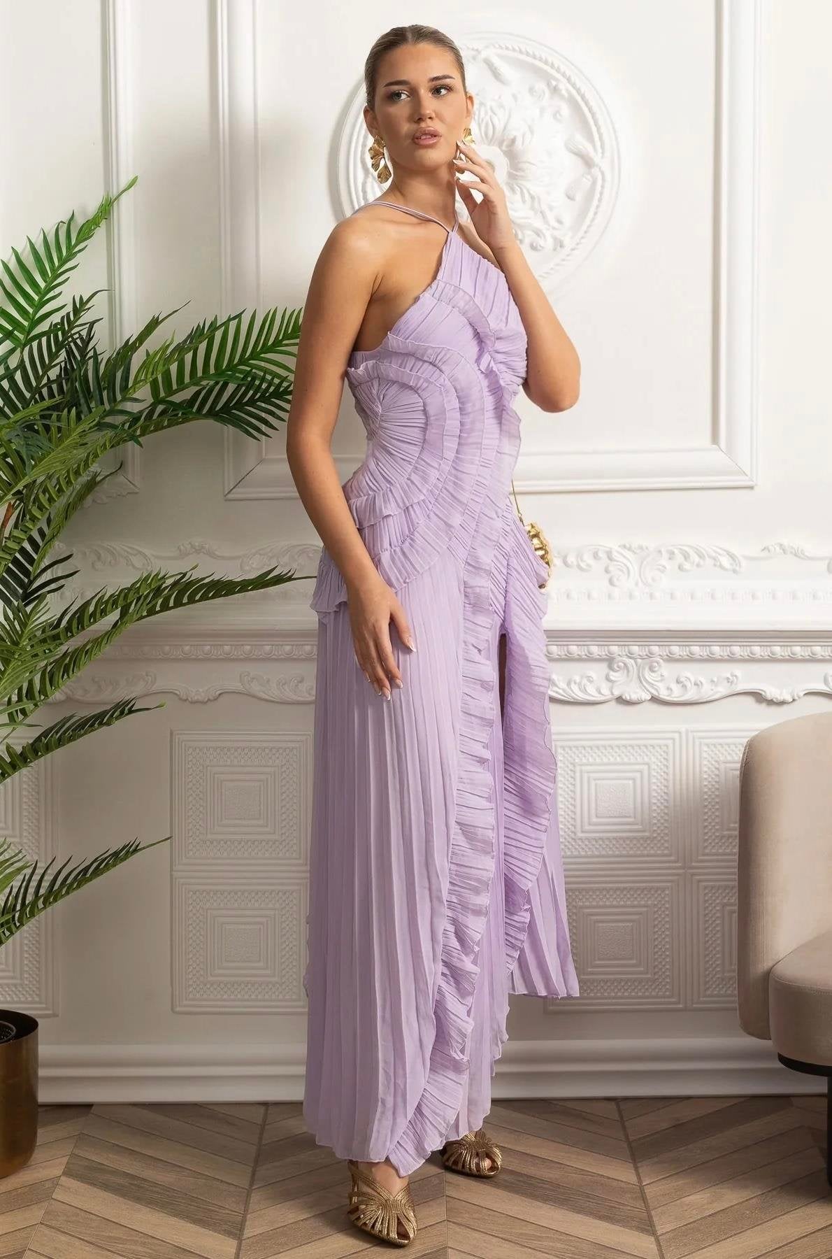Lilac Dream - Boyundan Bağlamalı Pliseli Abiye Elbise